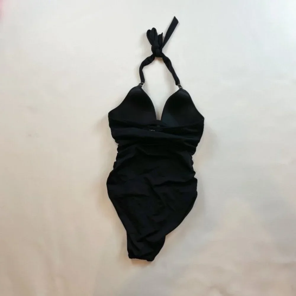 NWOT Victoria's Secret Swimsuit M One Piece Black Halter Ruched B1341